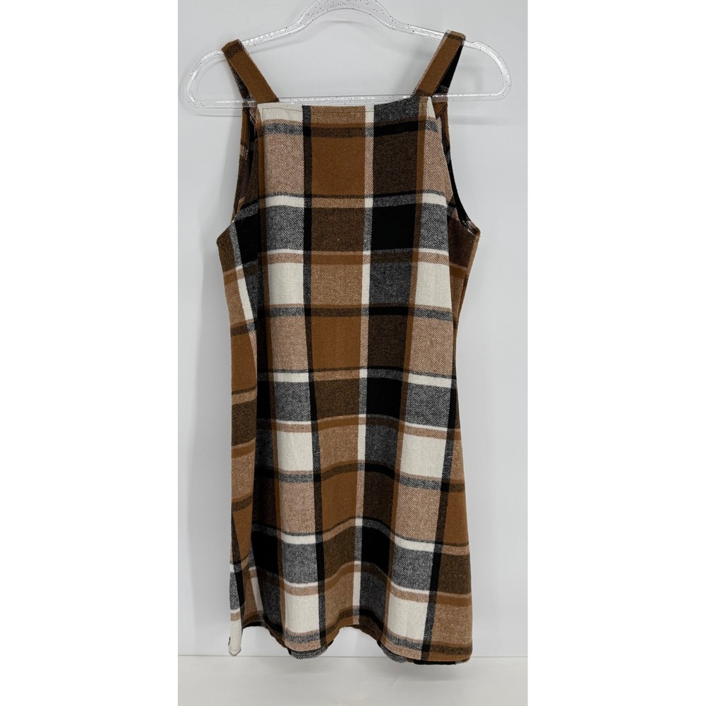 Brown Plaid Pinafore Jumper Dress Womens Sz M V-Neck Button Front Sleeveless - Picture 4 of 9